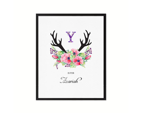 Initial Letter Y Watercolor Floral Boho Monogram Art Framed Print Baby Girl Room Wall Decor Gifts