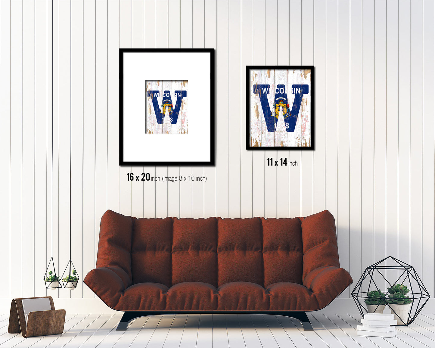 Wisconsin State Initial Flag Wood Framed Paper Print Decor Wall Art Gifts, Beach