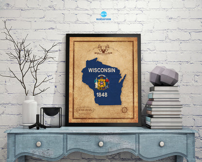 Wisconsin State Vintage Map Wood Framed Paper Print  Wall Art Decor Gifts