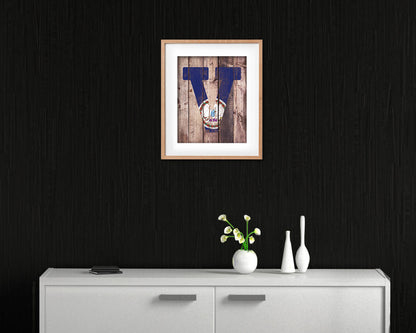 Virginia State Initial Flag Wood Framed Paper Print Decor Wall Art Gifts, Wood