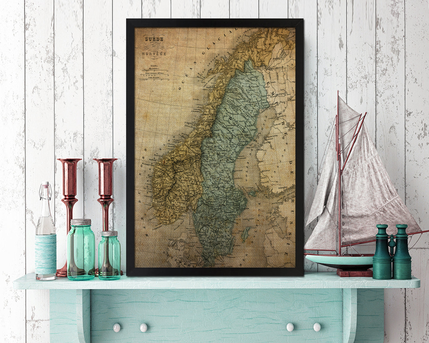 Sweden and Norway Vintage Map Wood Framed Print Art Wall Decor Gifts
