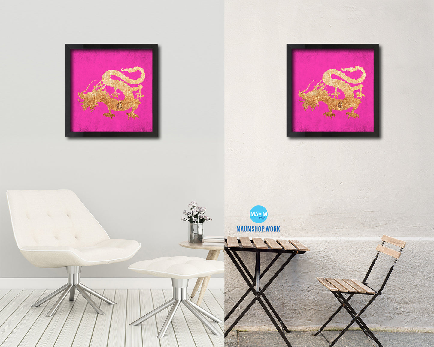 Dragon Chinese Zodiac Character Wood Framed Print Wall Art Decor Gifts, Pink