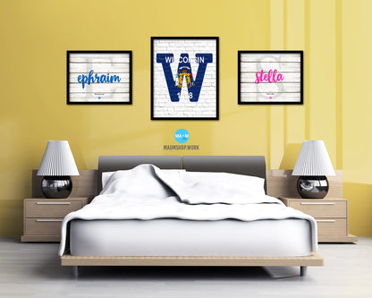Wisconsin State Initial Flag Wood Framed Paper Print Decor Wall Art Gifts, Brick