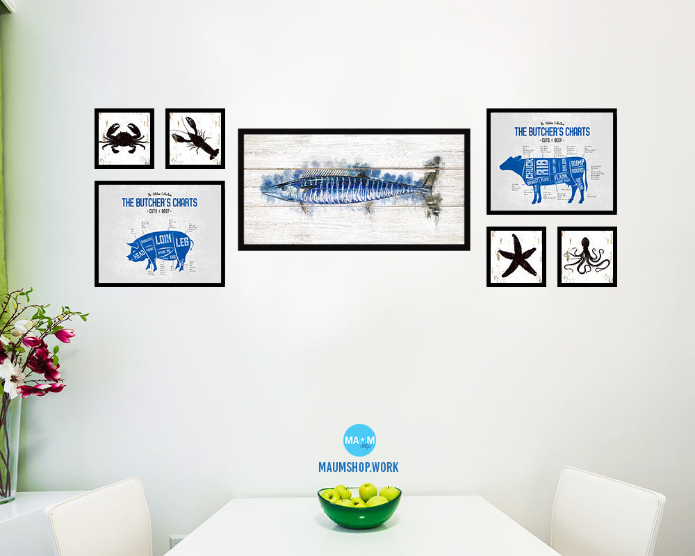 Wahoo Fish Art Wood Framed White Wash Restaurant Sushi Wall Decor Gifts, 10" x 20"