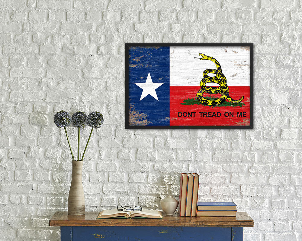 Gadsden Don't Tread On Me Texas State Shabby Chic Military Flag Framed Print Art