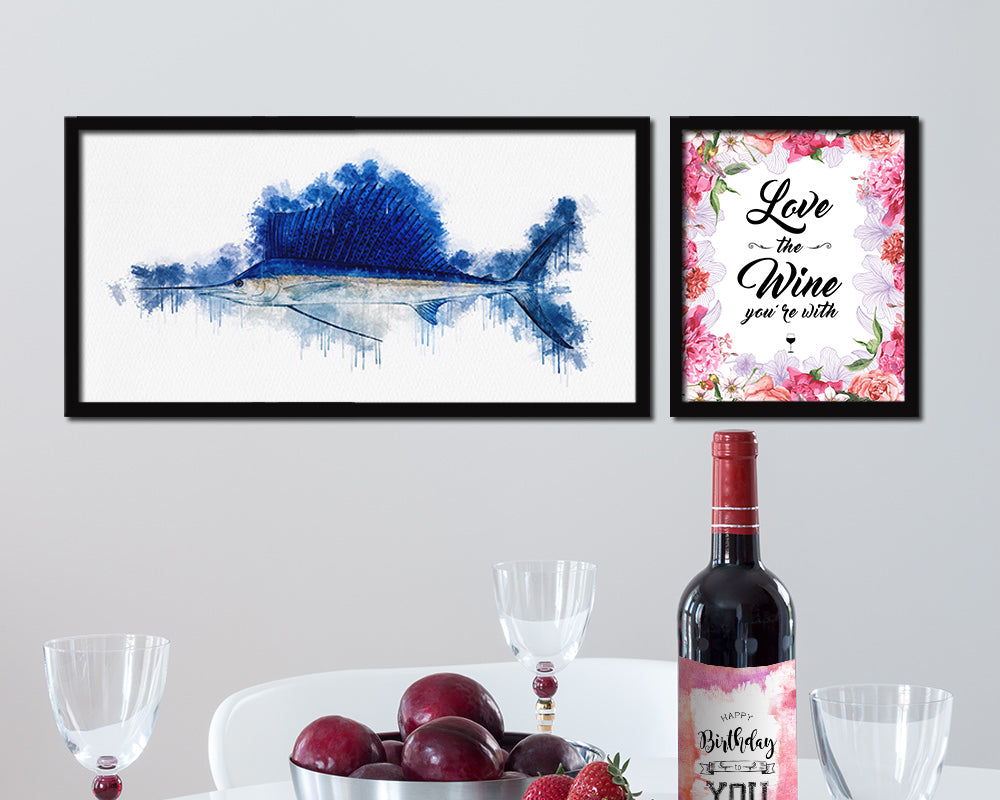Sailfish Fish Art Wood Frame Modern Restaurant Sushi Wall Decor Gifts, 10" x 20"