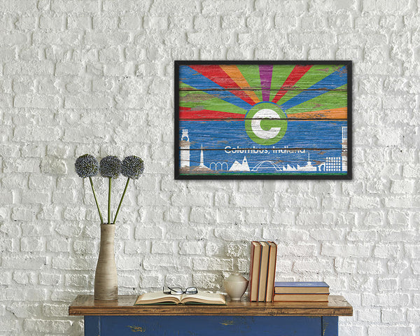 Columbus City Indiana State Rustic Flag Wood Framed Paper Prints Decor Wall Art Gifts