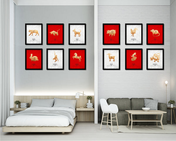 Ox Chinese Zodiac Character Black Framed Art Paper Print Wall Art Decor Gifts, Red