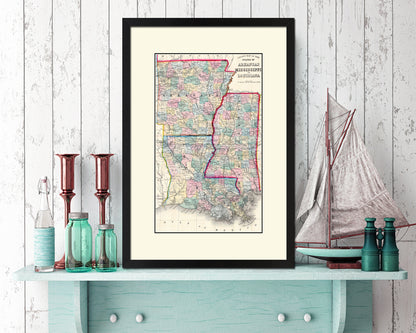 Arkansas Louisiana Mississippi Old Map Wood Framed Print Art Wall Decor Gifts