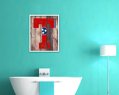 Tennessee State Initial Flag Wood Framed Paper Print Decor Wall Art Gifts, Wood