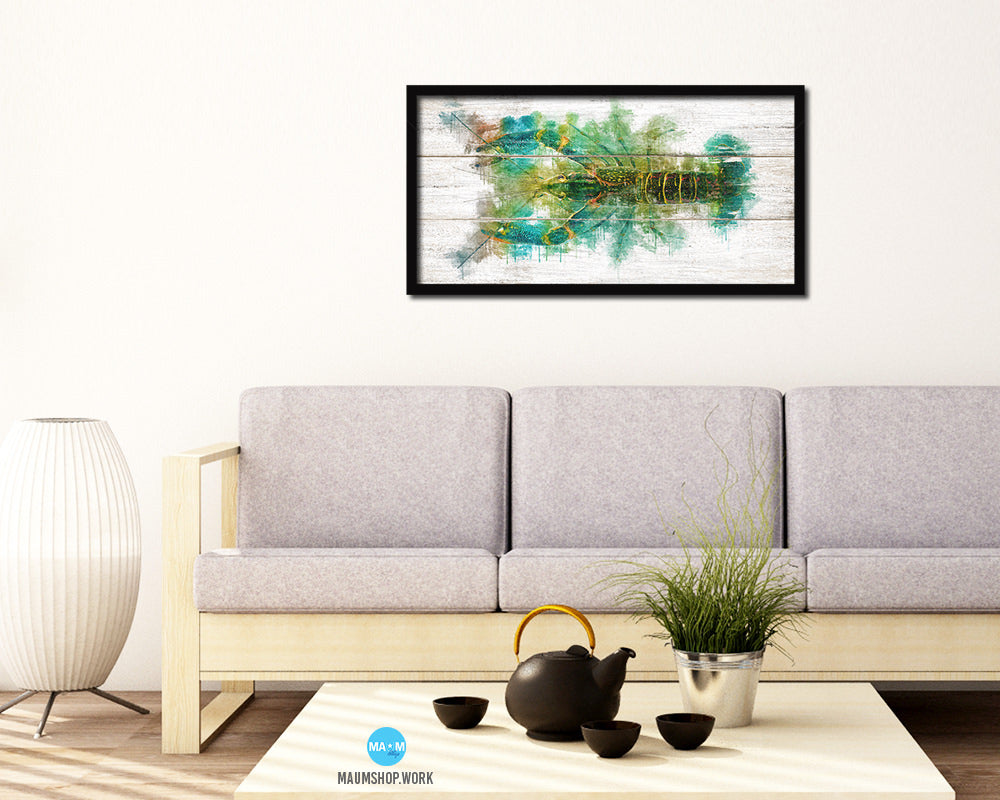 Crayfish Fish Art Wood Framed White Wash Restaurant Sushi Wall Decor Gifts, 10" x 20"