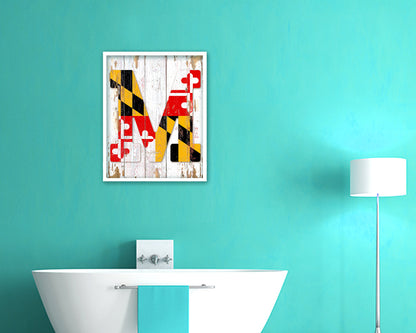 Maryland State Initial Flag Wood Framed Paper Print Decor Wall Art Gifts, Beach