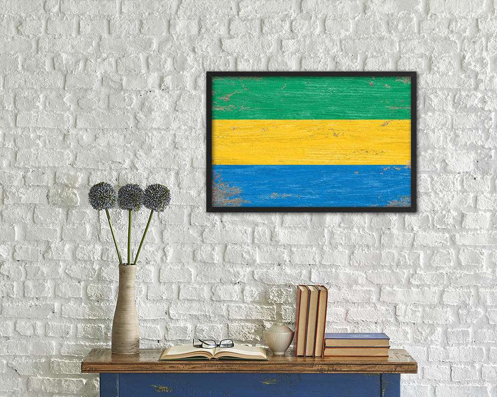 Gabon Shabby Chic Country Flag Wood Framed Print Wall Art Decor Gifts