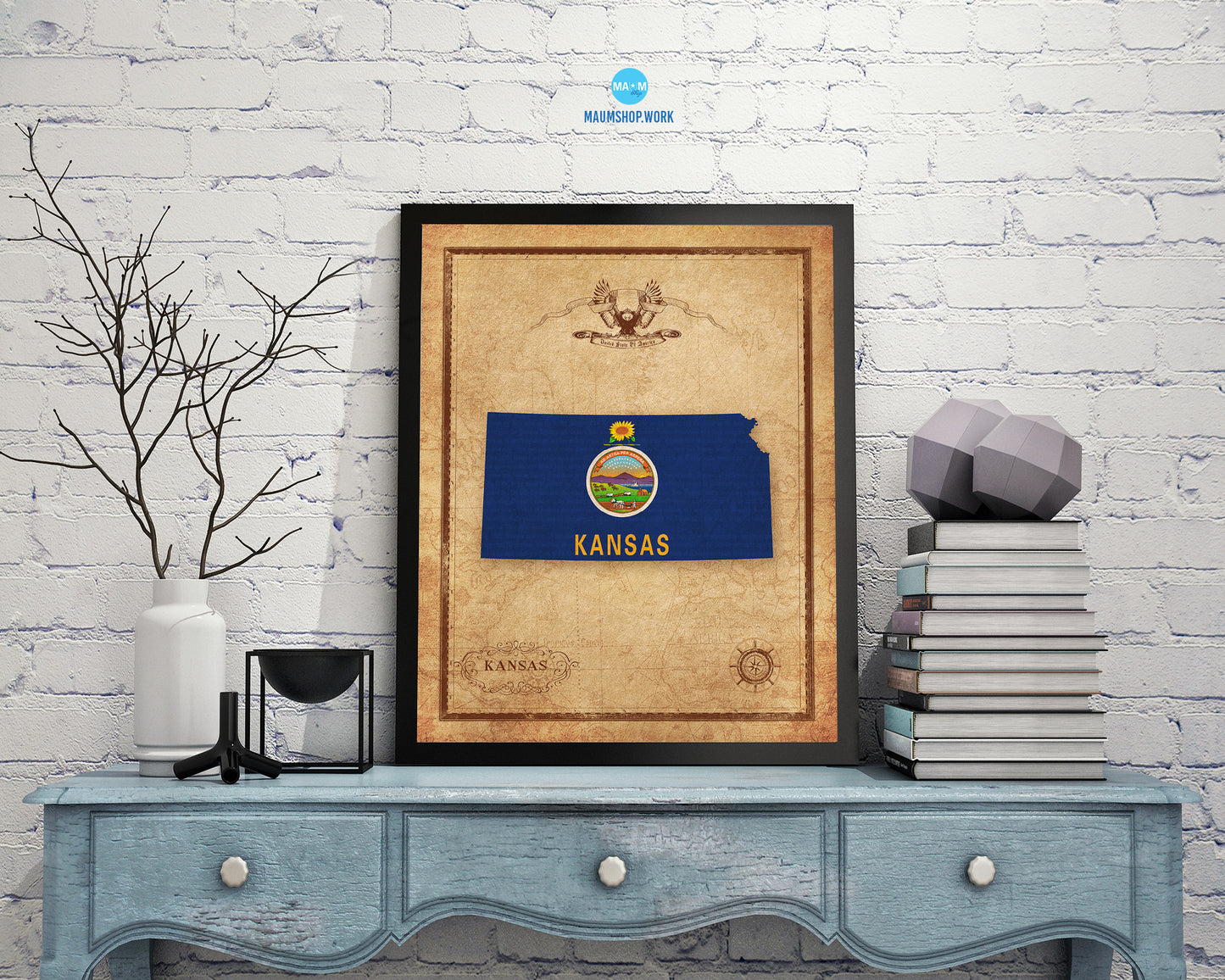 Kansas State Vintage Map Wood Framed Paper Print  Wall Art Decor Gifts