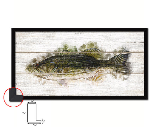 Largemouth Bass Fish Art Wood Framed White Wash Restaurant Sushi Wall Decor Gifts, 10" x 20"