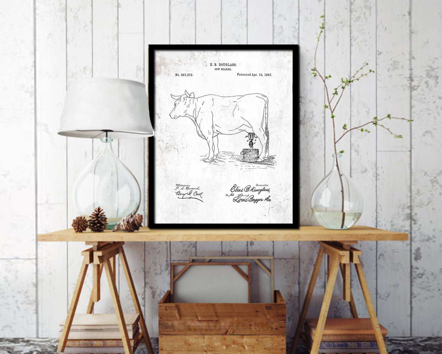 Cow Milker Farming Vintage Patent Artwork Black Frame Print Wall Art Decor Gifts