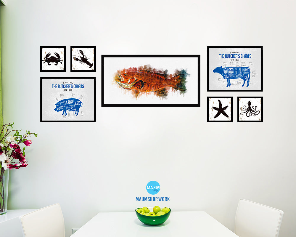 Red Grouper Fish Art Wood Frame Modern Restaurant Sushi Wall Decor Gifts, 10" x 20"