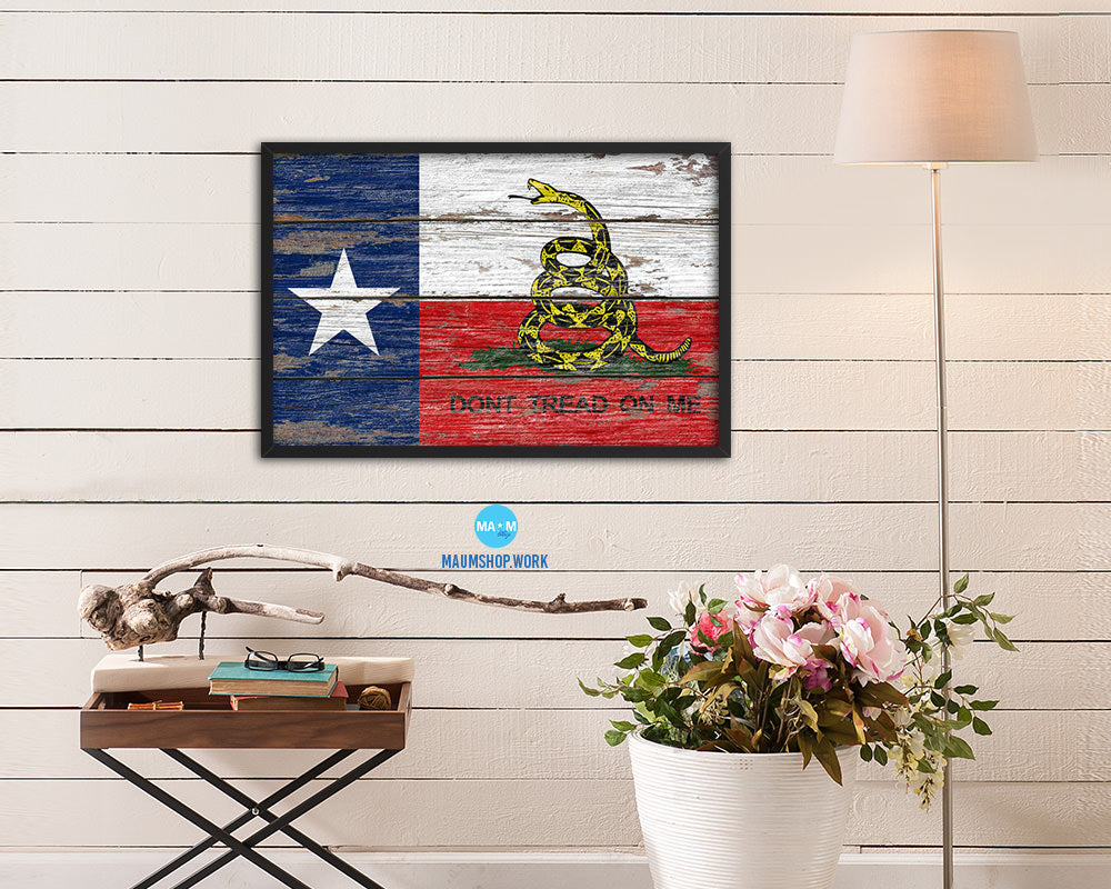Gadsden Don't Tread On Me Texas State Wood Rustic Flag Framed Print Art