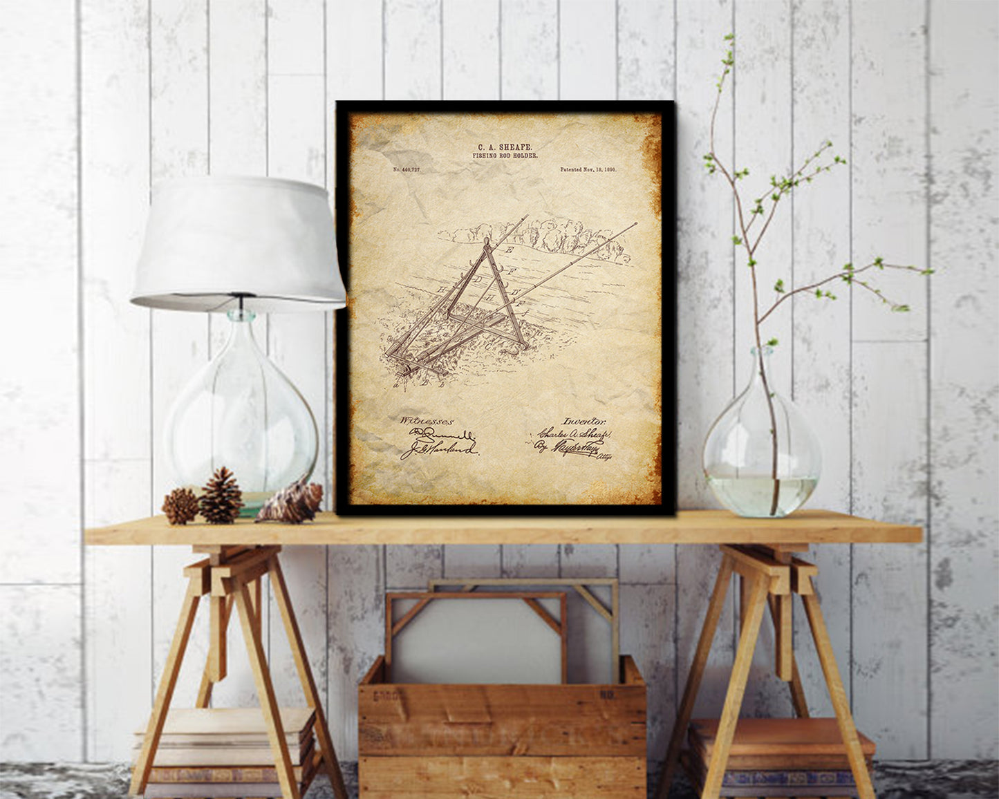 Rod Holder Fishing Vintage Patent Artwork Walnut Frame Print Wall Art Decor Gifts