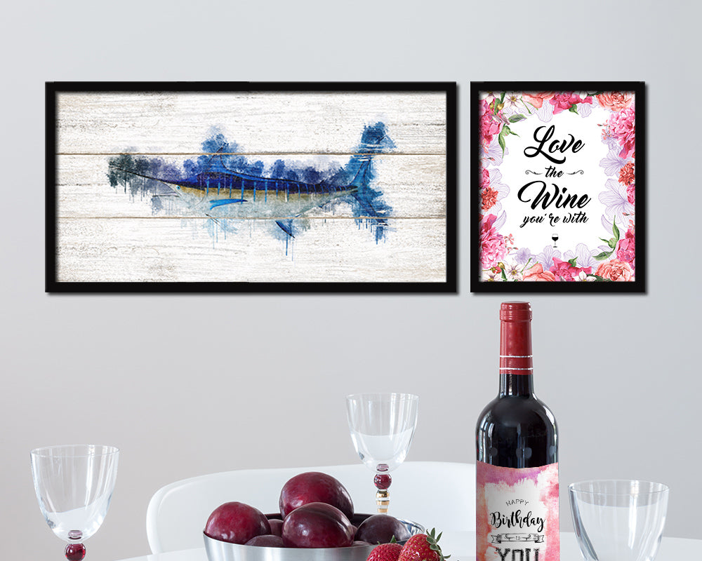 Blue Marlin Fish Art Wood Framed White Wash Restaurant Sushi Wall Decor Gifts, 10" x 20"