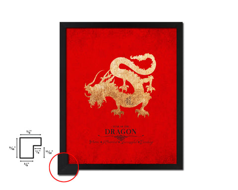 Dragon Chinese Zodiac Character Black Framed Art Paper Print Wall Art Decor Gifts, Red