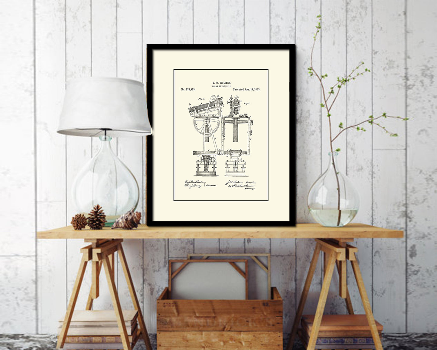 Solar Compass Nautical Vintage Patent Artwork Black Frame Print Gifts