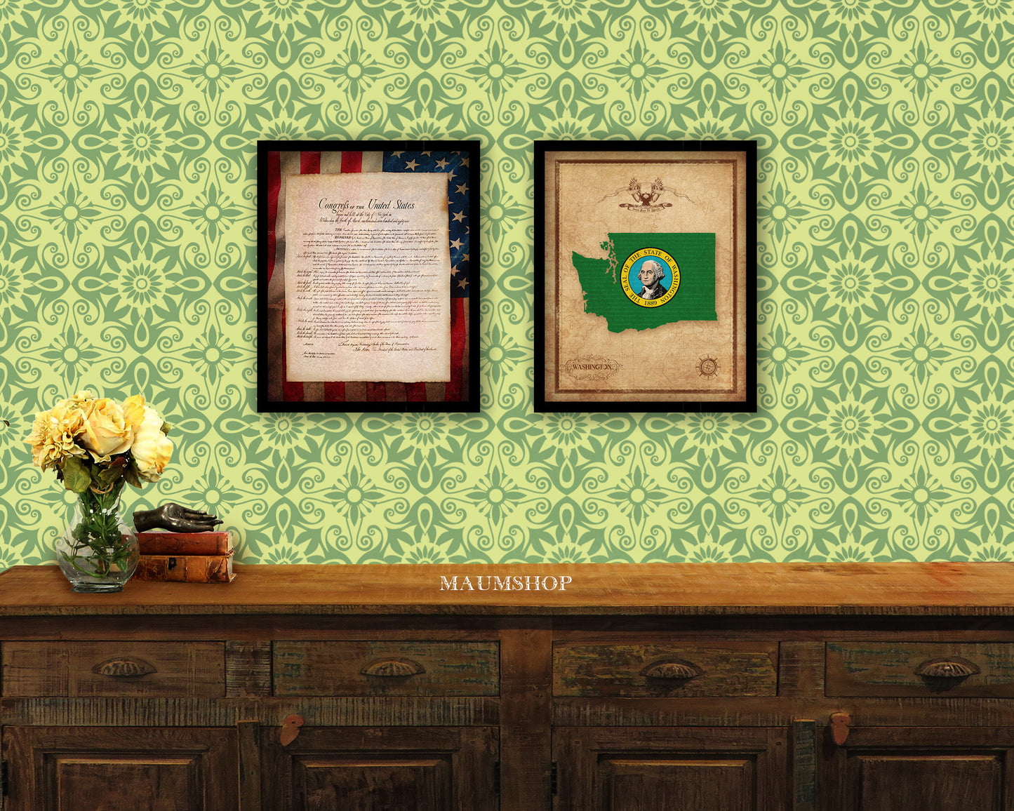 Washington State Vintage Map Wood Framed Paper Print  Wall Art Decor Gifts