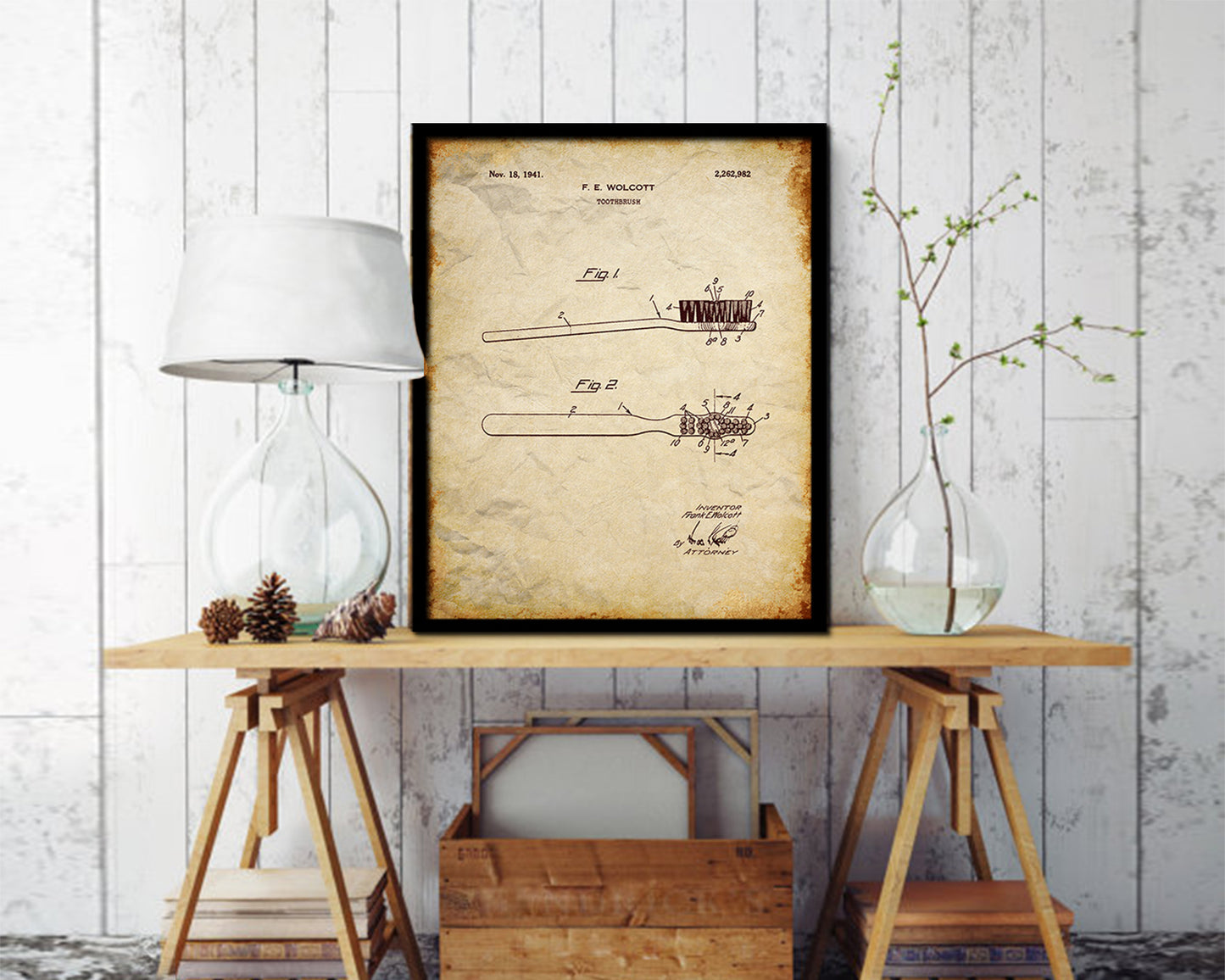 Dental Toothbrush Dentist Vintage Patent Artwork Walnut Frame Print Wall Art Decor Gifts