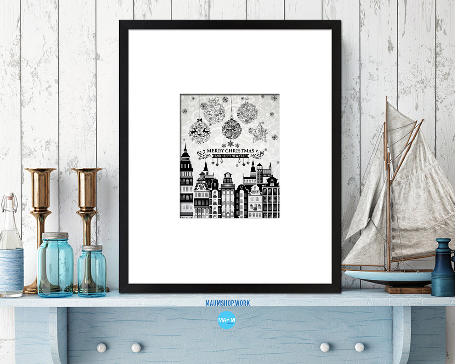 Merry Christmas Building Holiday Season Gifts Wood Framed Print Home Decor Wall Art