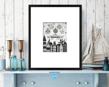 Merry Christmas Building Holiday Season Gifts Wood Framed Print Home Decor Wall Art