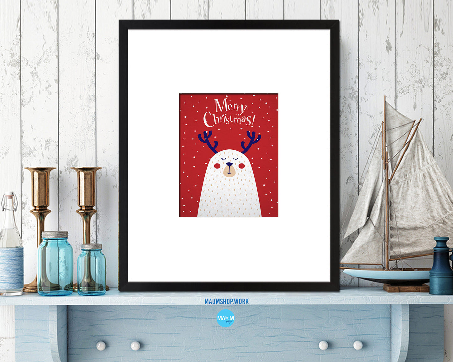 Merry Christmas-Deer Holiday Season Gifts Wood Framed Print Home Decor Wall Art
