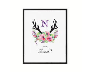 Initial Letter N Watercolor Floral Boho Monogram Art Framed Print Baby Girl Room Wall Decor Gifts
