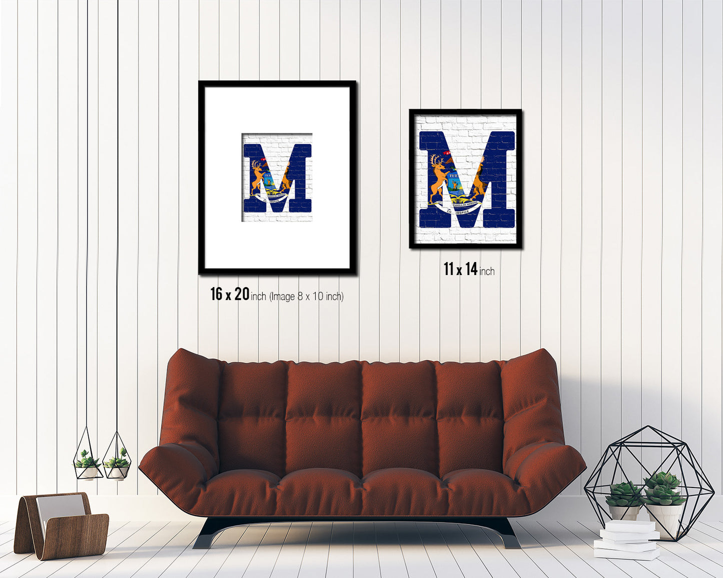 Michigan State Initial Flag Wood Framed Paper Print Decor Wall Art Gifts, Brick