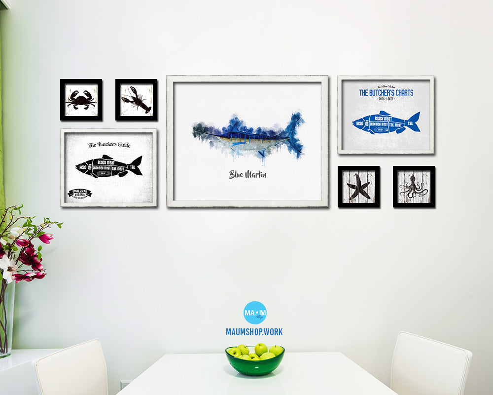 Blue Marlin Fish Framed Prints Modern Restaurant Sushi Bar Watercolor Wall Art Decor
