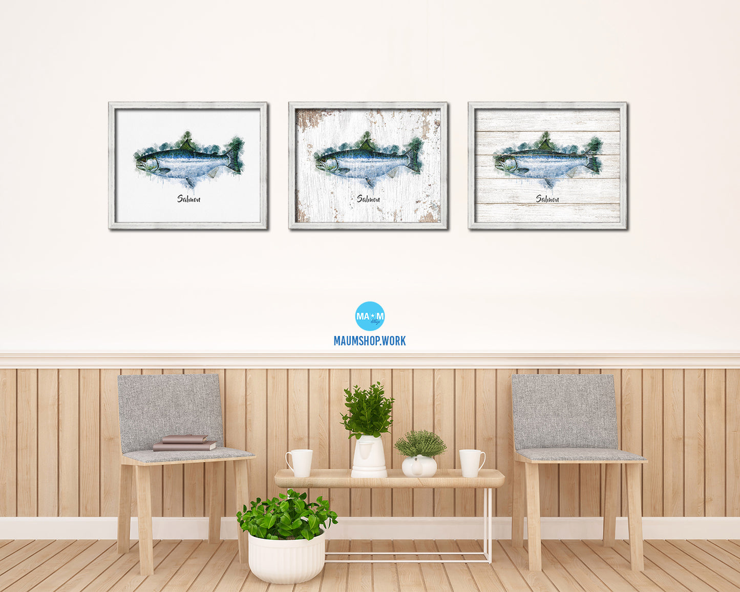 Salmon Fish Framed Prints Modern Restaurant Sushi Bar Watercolor Wall Art Decor