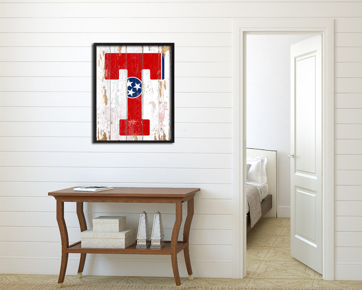 Tennessee State Initial Flag Wood Framed Paper Print Decor Wall Art Gifts, Beach