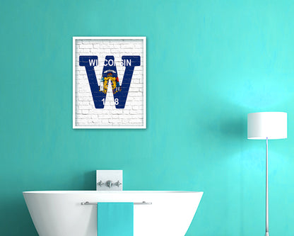 Wisconsin State Initial Flag Wood Framed Paper Print Decor Wall Art Gifts, Brick
