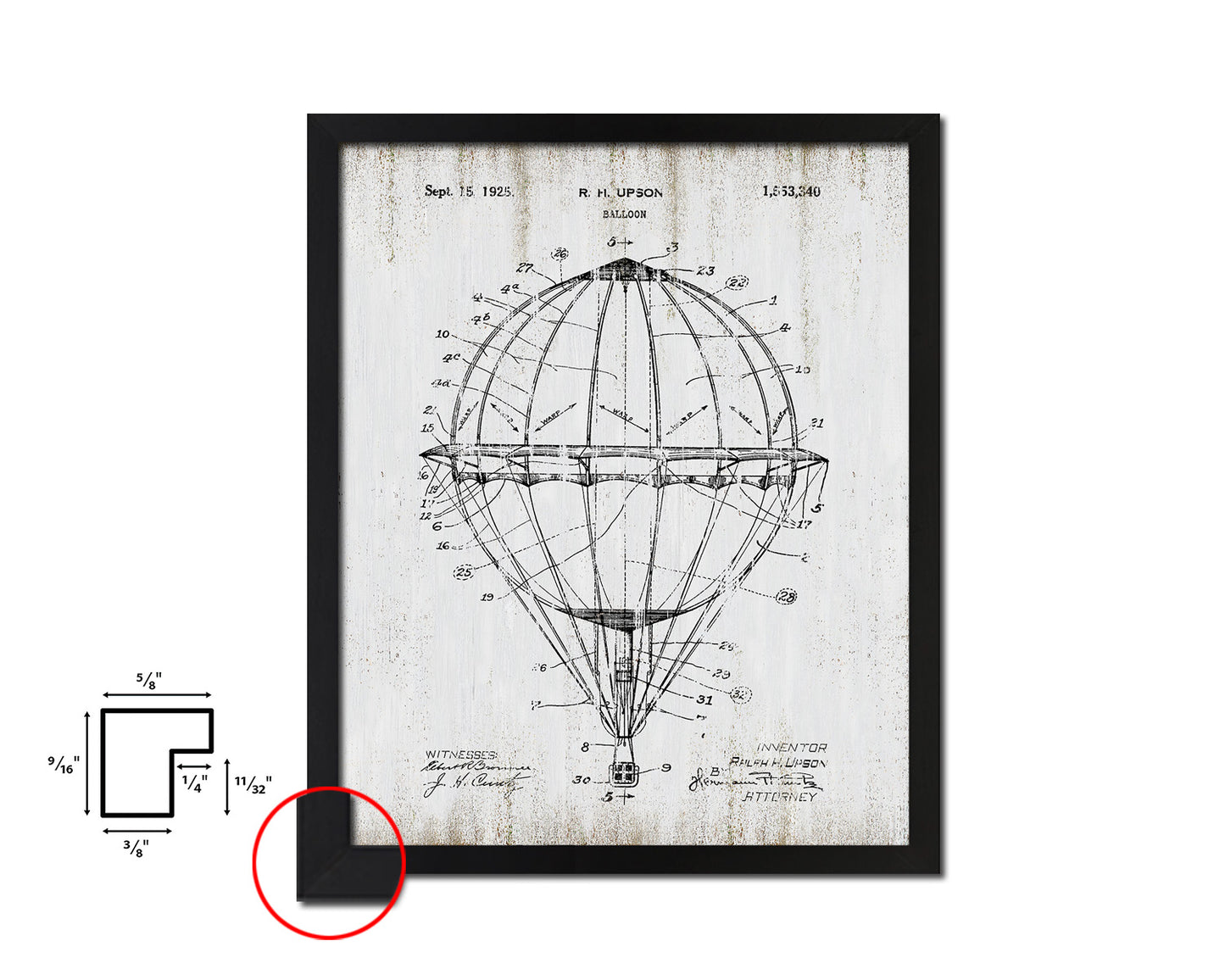 Balloon Airplane Vintage Patent Artwork Black Frame Print Wall Art Decor Gifts