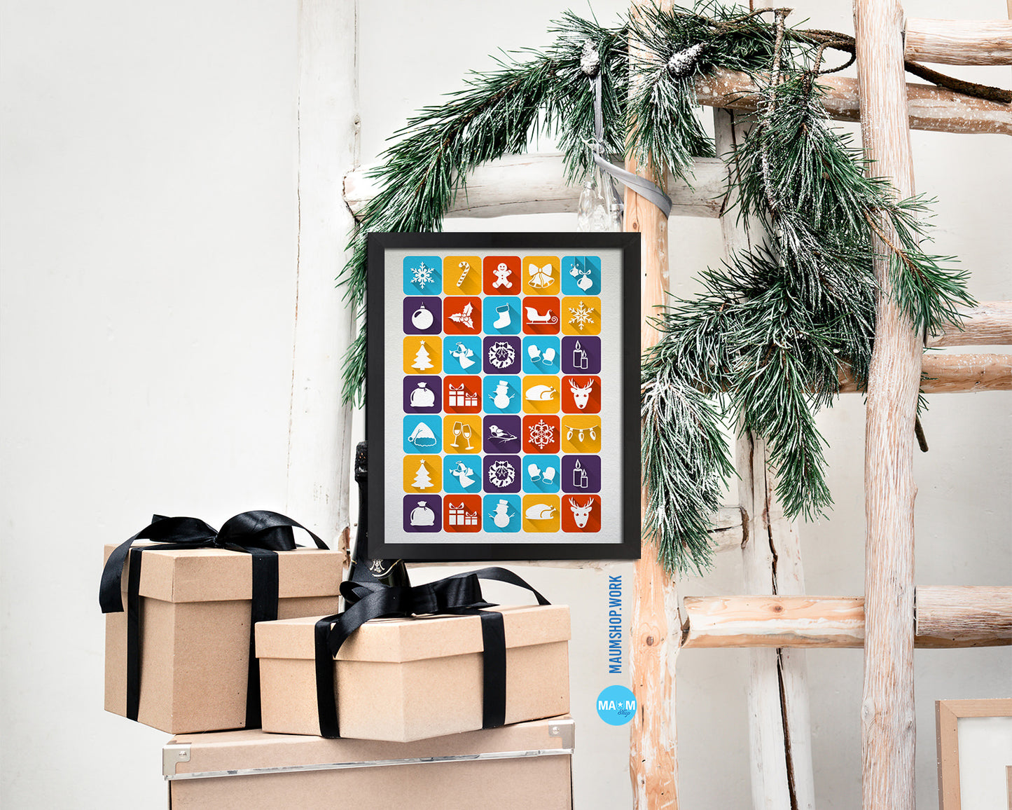 Christmas Pattern Holiday Season Gifts Wood Framed Print Home Decor Wall Art