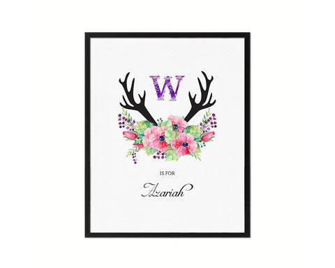 Initial Letter W Watercolor Floral Boho Monogram Art Framed Print Baby Girl Room Wall Decor Gifts