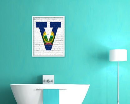 Vermont State Initial Flag Wood Framed Paper Print Decor Wall Art Gifts, Brick