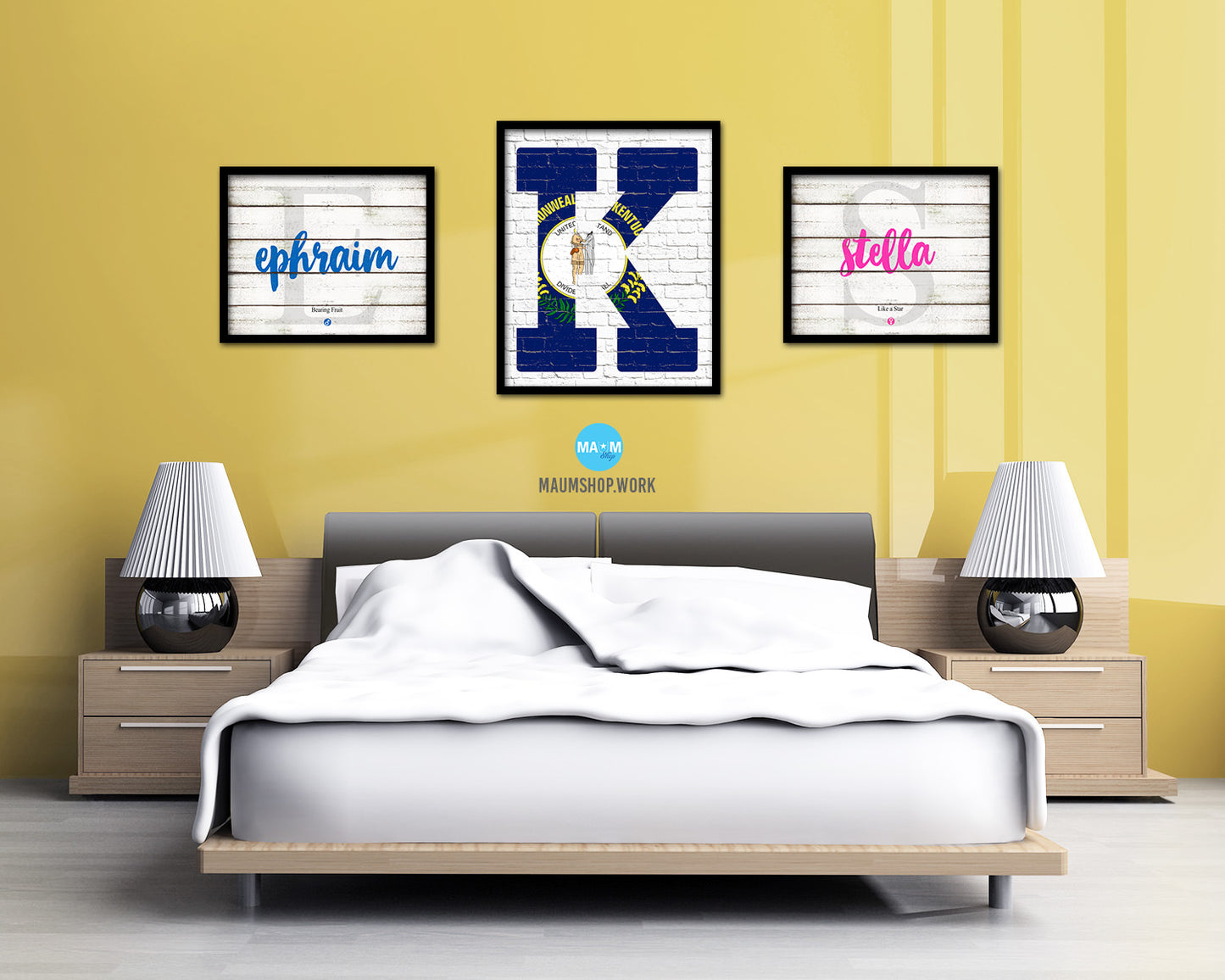 Kentucky State Initial Flag Wood Framed Paper Print Decor Wall Art Gifts, Brick