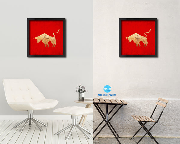 Ox Chinese Zodiac Character Wood Framed Print Wall Art Decor Gifts, Red