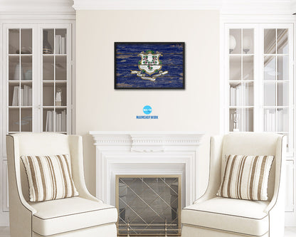 Connecticut State Rustic Flag Wood Framed Paper Prints Wall Art Decor Gifts