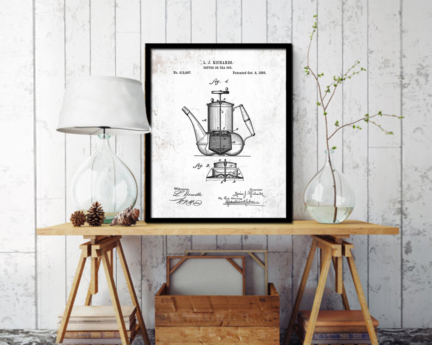Tea Pot Coffee Vintage Patent Artwork Black Frame Print Wall Art Decor Gifts