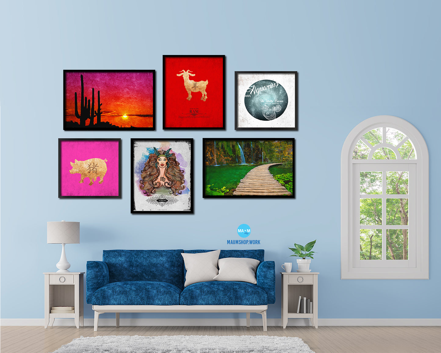 Ram Chinese Zodiac Character Black Framed Art Paper Print Wall Art Decor Gifts, Red