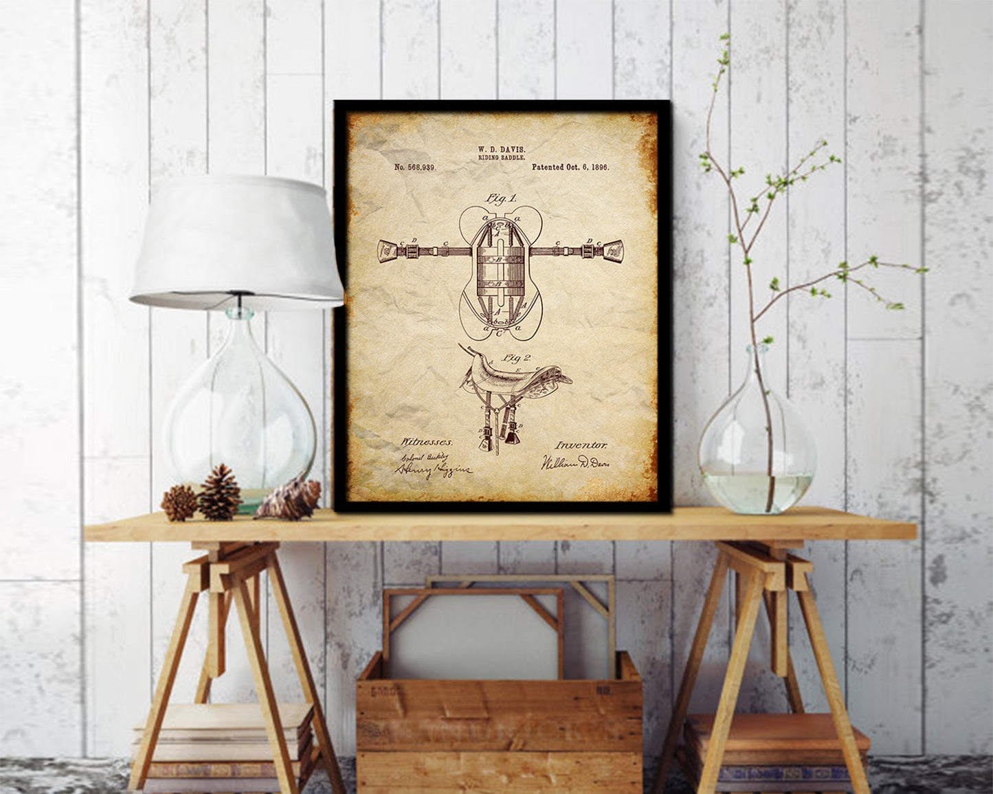Riding Saddle Cowboy Vintage Patent Artwork Walnut Frame Print Wall Art Decor Gifts