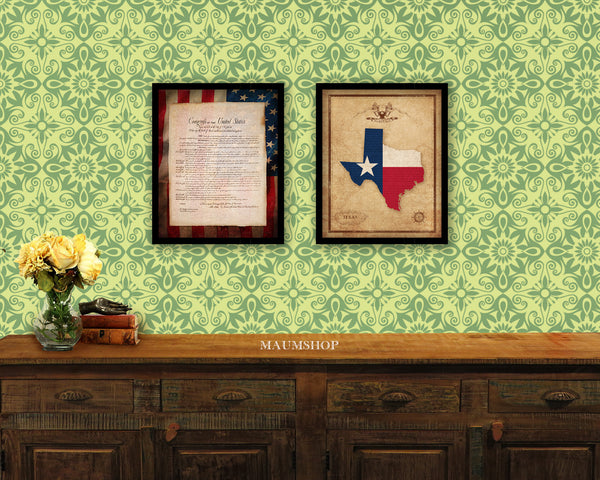 Texas State Vintage Map Wood Framed Paper Print  Wall Art Decor Gifts