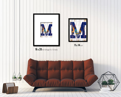 Michigan State Initial Flag Wood Framed Paper Print Decor Wall Art Gifts, Beach