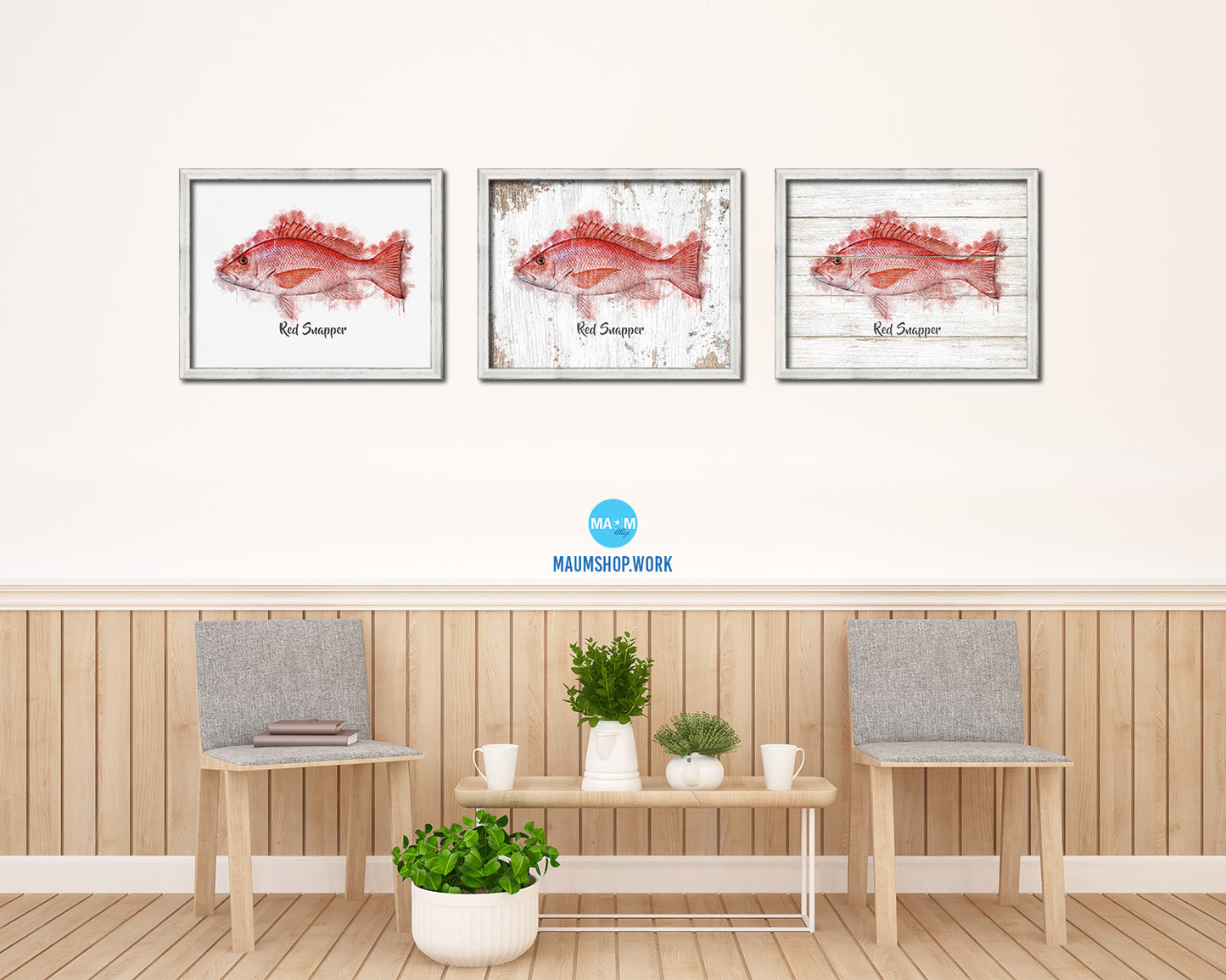 Red Snapper Fish Framed Prints Modern Restaurant Sushi Bar Watercolor Wall Art Decor